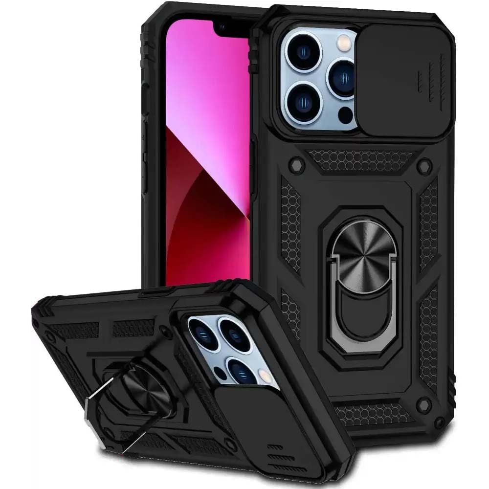 Scalebee Back Cover for iPhone 14 Pro Max Heavy Duty Slide Camera Cover Built-in Rotated Ring Kickstand (Black, Rugged Armor, Pack of: 1)