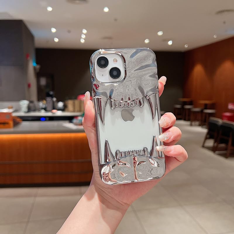 Shockproof Designer 3D Fangs Case for iPhone 15 Plus | Metallic Chrome | Precise Cutouts | Anti-Scratch Grip | Full Camera Protection and Stylish Look - Silver