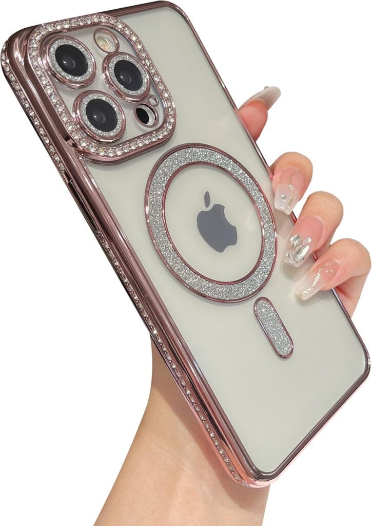 Soomio Clear Magnetic Diamond Glitter Case for iPhone 14 Pro Max Case with Full Camera Protection Rhinestone Luxury Plating Bling Transparent Shockproof for Magsaf Women Girls Cute Cover (Pink)