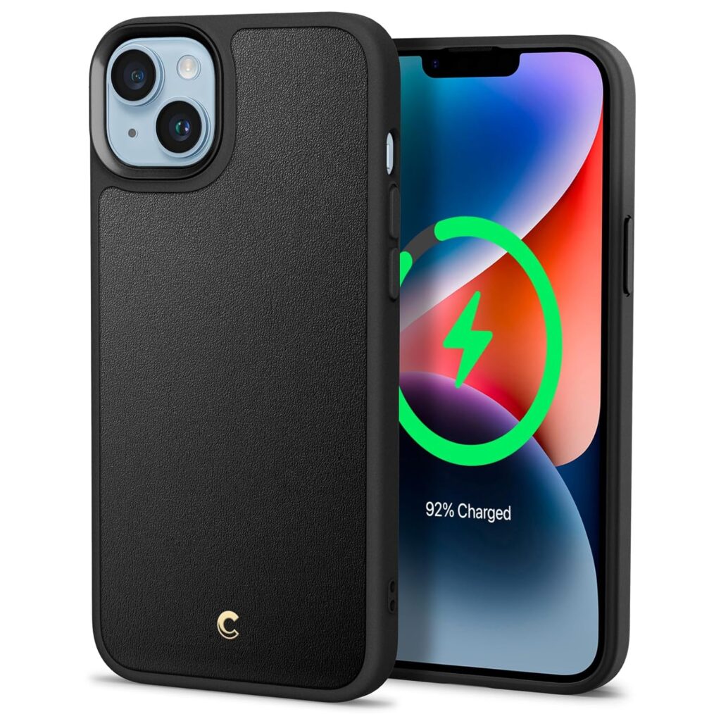 Spigen Cyrill Kajuk Mag for iPhone 14 Plus Case, Faux Leather iPhone 14 Plus Back Cover - Black
