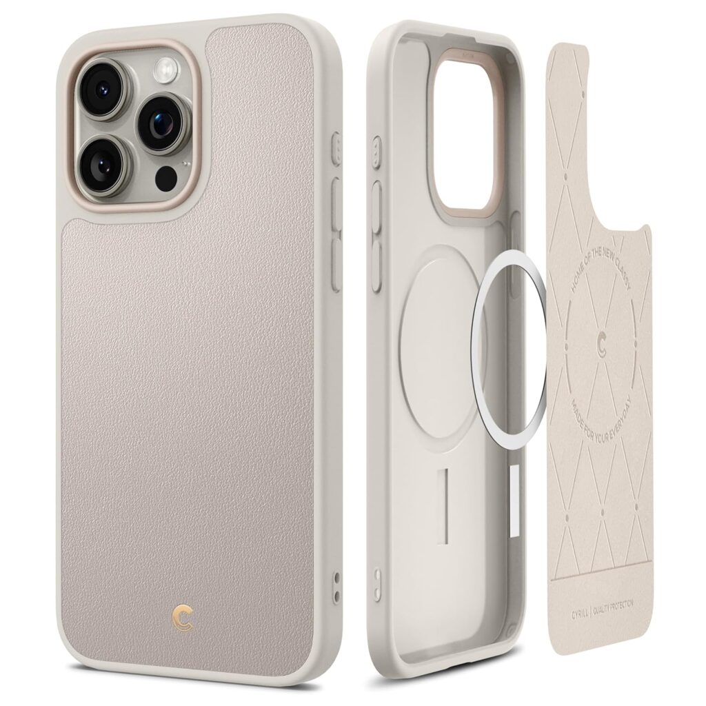 Spigen Cyrill Kajuk Mag for iPhone 15 Pro Max Case, Faux Leather iPhone 15 Pro Max Back Cover - Cream