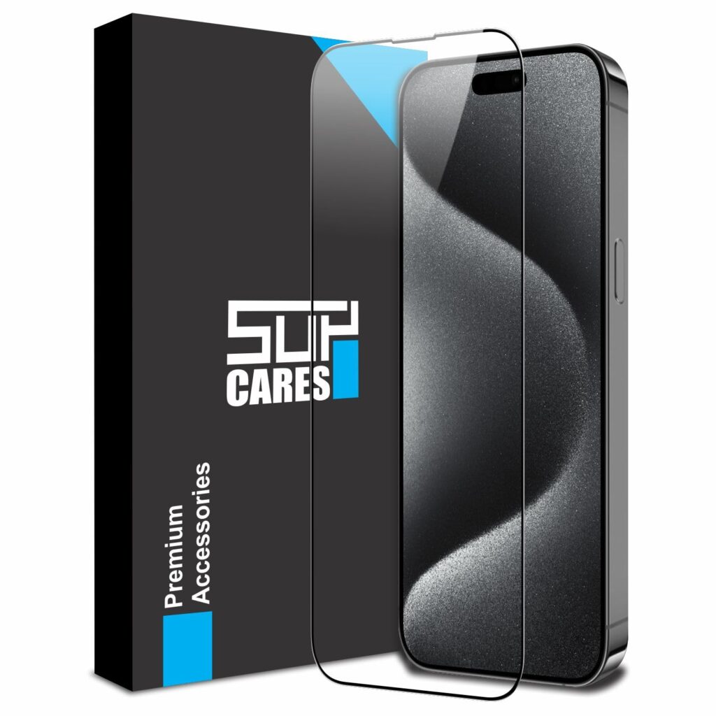 SupCares Military-Grade Gorilla Tempered Glass Screen Protector For iPhone 15 Pro Max (6.7 Inch) With Installation Kit | Edge-To-Edge Protector Coverage | Black