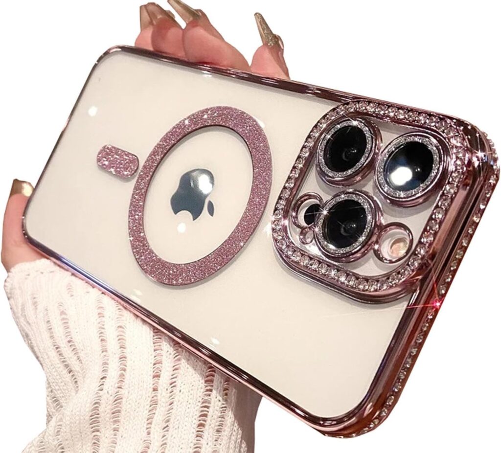 TWIKKA Case Compatible with iPhone 14 Pro Max, Cute Soft Clear Rhinestone Diamond Glitter Cover Women & Girls Compatible with MagSaf Camera Lens Protection Cases for iPhone 14 Pro Max (Pink)