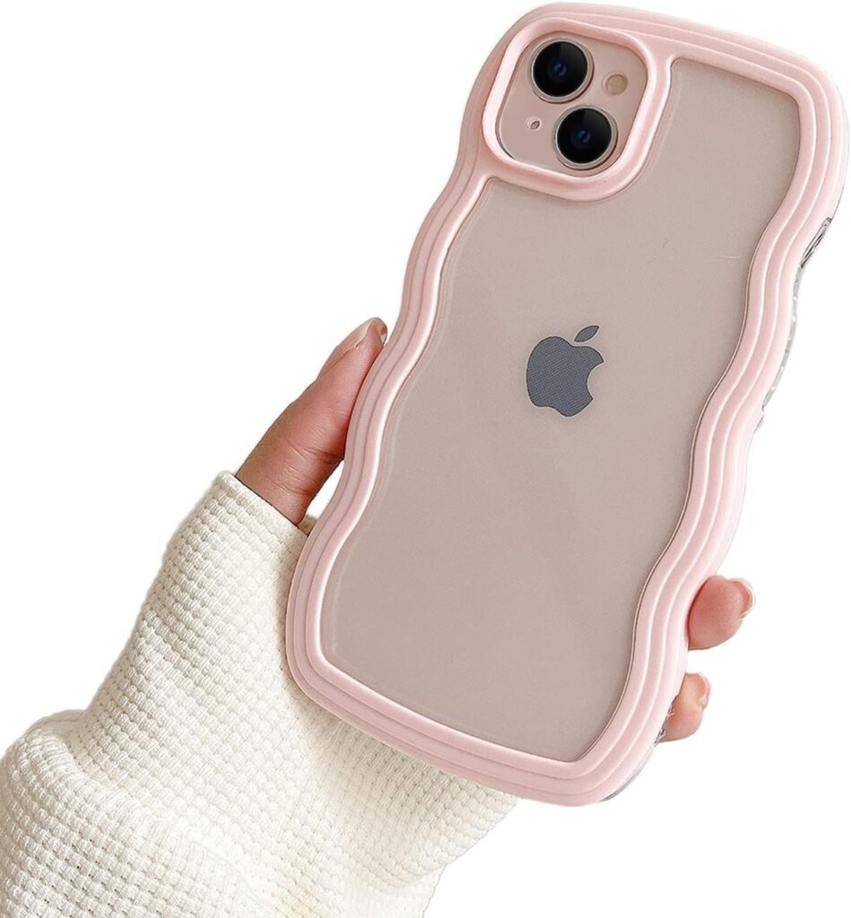 TWIKKA Stylish Case Compatible with iPhone 15 Plus Back Cover, Adorable Clear Case with Curly Wave Frame for Women and Girls, Transparent Soft Silicone TPU Bumper Shockproof Protective Cover (Pink)