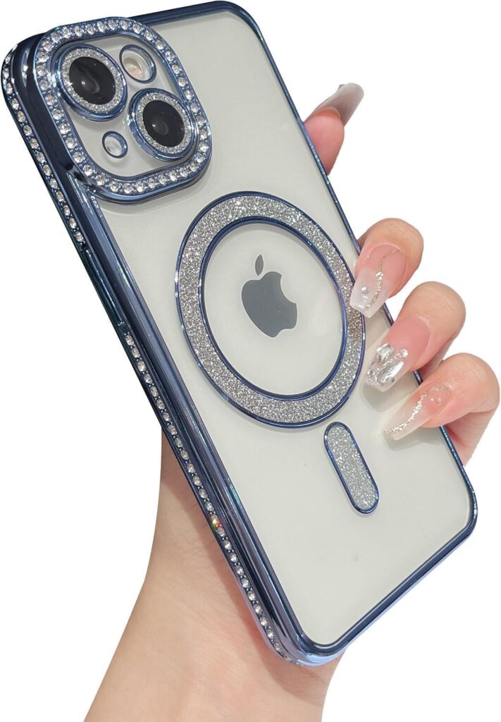 The Little Shop Clear Magnetic Diamond Glitter Case for Apple iPhone 15 Plus (128 GB)||Full Camera Protection Luxury Bling Transparent Shockproof for Magsafe Women Girls Cute Cover|Blue