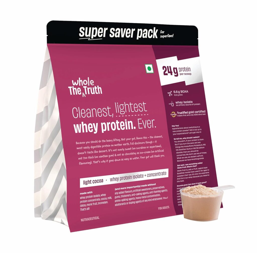 The Whole Truth Whey Protein Isolate+Concentrate | Light Cocoa 4 kg (8.8 lbs) | 24g Protein/Scoop | 6.6g BCAA | No Adulteration | Clean, Light & Easy to Digest | Vegetarian