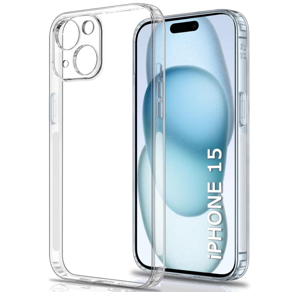 TheGiftKart Camera Protection Back Cover Case for iPhone 15 | Ultra Clear Soft Case | Inbuilt Dust Plugs & Anti-Slip Grip | Slim & Protective Back Cover for Apple iPhone 15 (Silicone, Transparent)