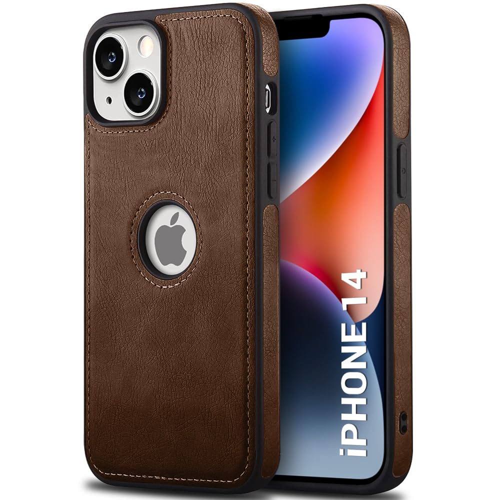 TheGiftKart Genuine Leather Finish iPhone 14 Back Cover Case | Shockproof Design | Raised Edges for Camera & Screen Protection | Stunning Minimalist Design Back Case Cover for iPhone 14 (Brown)
