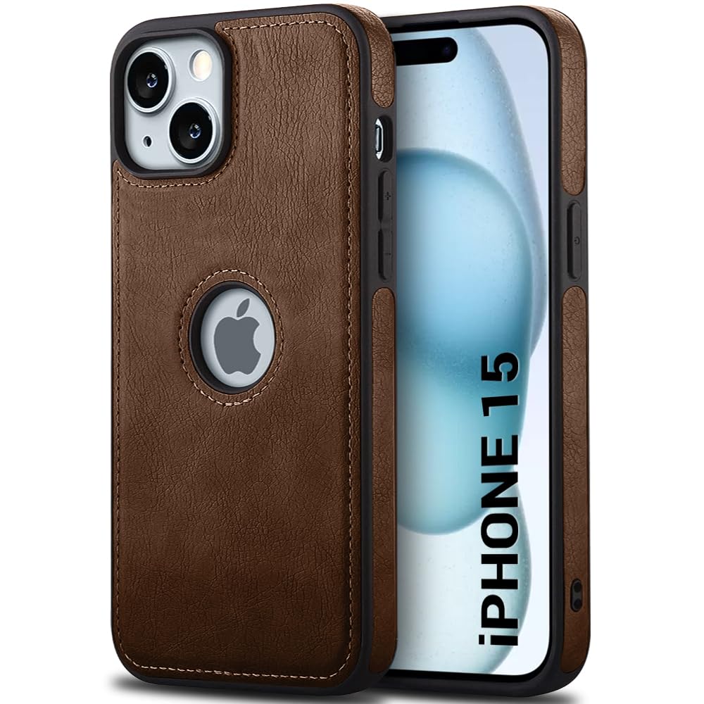 TheGiftKart Genuine Leather Finish iPhone 15 Back Cover Case | Shockproof Design | Raised Edges for Camera & Screen Protection | Stunning Minimalist Design Back Case Cover for iPhone 15 (Brown)
