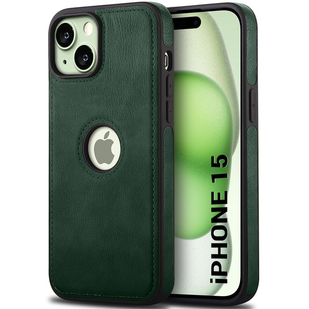 TheGiftKart Genuine Leather Finish iPhone 15 Back Cover Case|Shockproof Design|Raised Edges for Camera & Screen Protection|Stunning Minimalist Design Back Case Cover for iPhone 15, Green