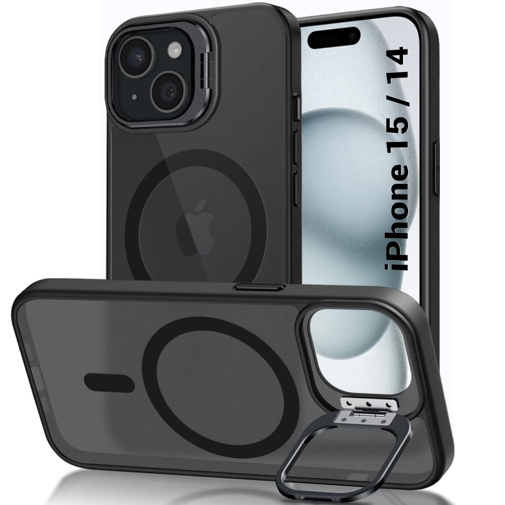TheGiftKart Hybrid Back Cover Case for iPhone 15 / iPhone 14 Compatible with MagSafe | Built-In Stand | ShockProof Hard Case Cover for iPhone 15 / iPhone 14 (PC & TPU, Frosted Matte Back, Black Sides)