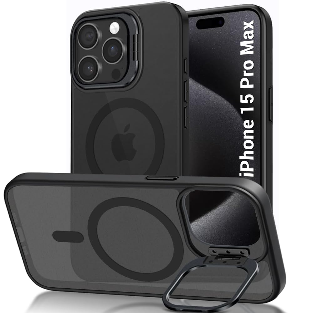 TheGiftKart Hybrid Matte Frosted Back Cover Case for iPhone 15 Pro MAX Compatible with MagSafe | Built-in Stand | Shockproof Hard Case Cover for iPhone 15 Pro MAX (PC & TPU, Translucent Black)