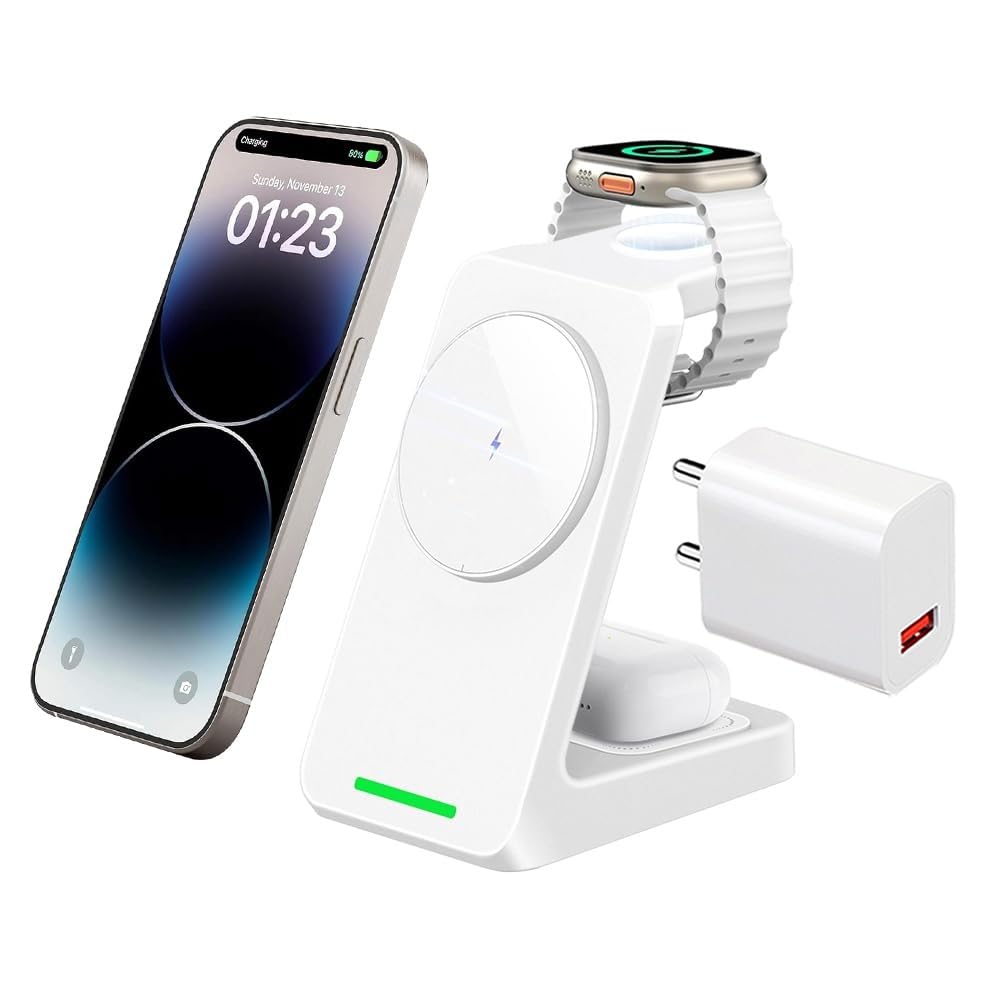 UNIGEN® Magtec 330 Wireless Charging [with Adapter] 3 in 1 Magsafe Charger for Apple iPhone 17/16/16 Plus/16 Pro/16 Pro Max,15/15 Pro/15 Pro Max,14/13/12, AirPods 3rd/2nd, Series 9/8/7/6/5/4/SE-White