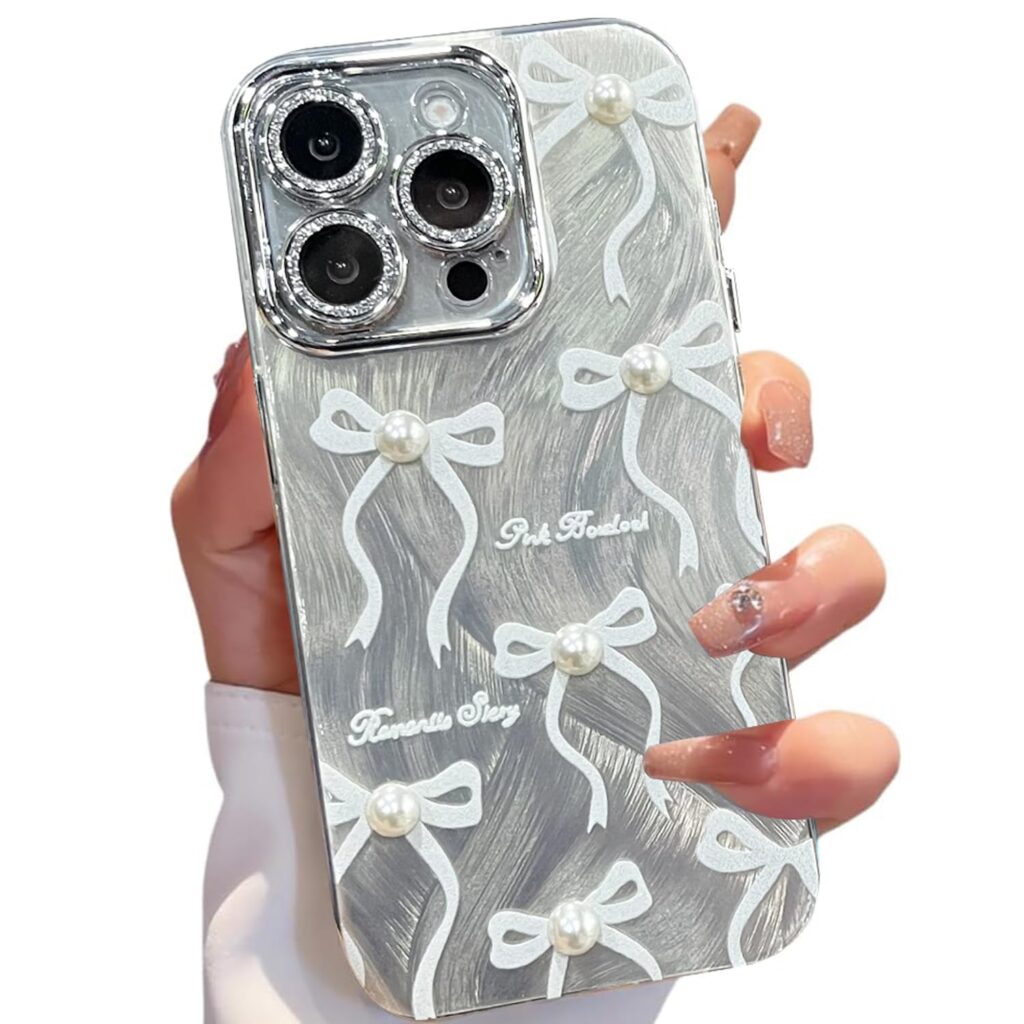 VONZEE Compatible with iPhone 15 Pro Max 6.7'' Case Luxury Pink Girly Cute 3D Bow Pearl Glitter Bling Case with Full Camera Protection Shockproof PC+TPU Glossy Shiny Cover for Girls Women, Silver