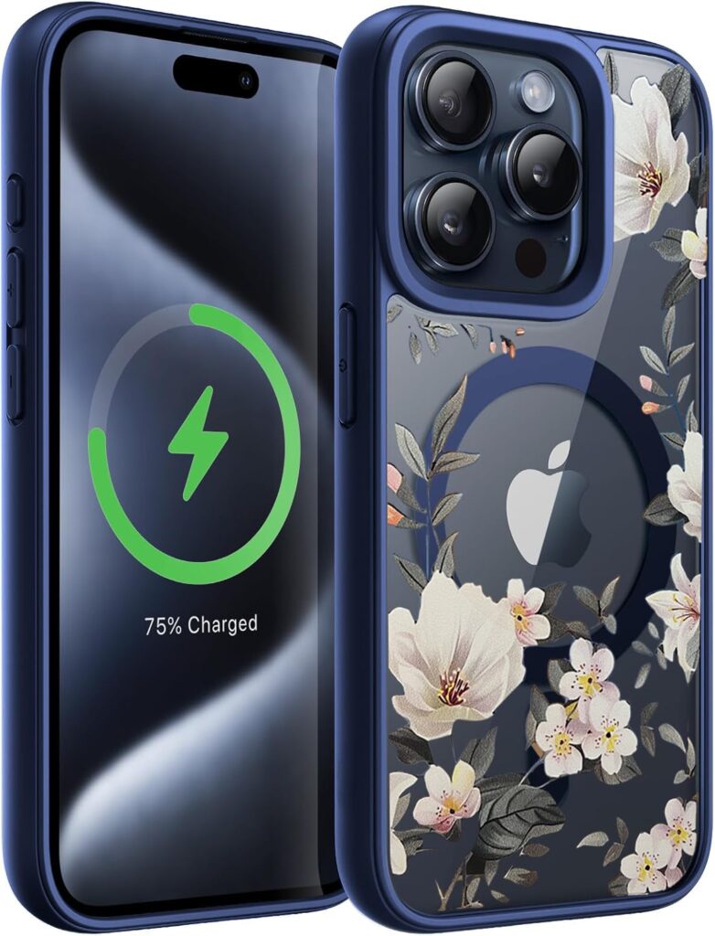 VONZEE Compatible with iPhone 15 Pro Max Case Luxury Retro Flowers Floral Clear for Magnetic Wireless Charging Case Shockproof Case PC+TPU Cute Glossy Shiny Cover for Girls Women, 6.7'' Navy Blue