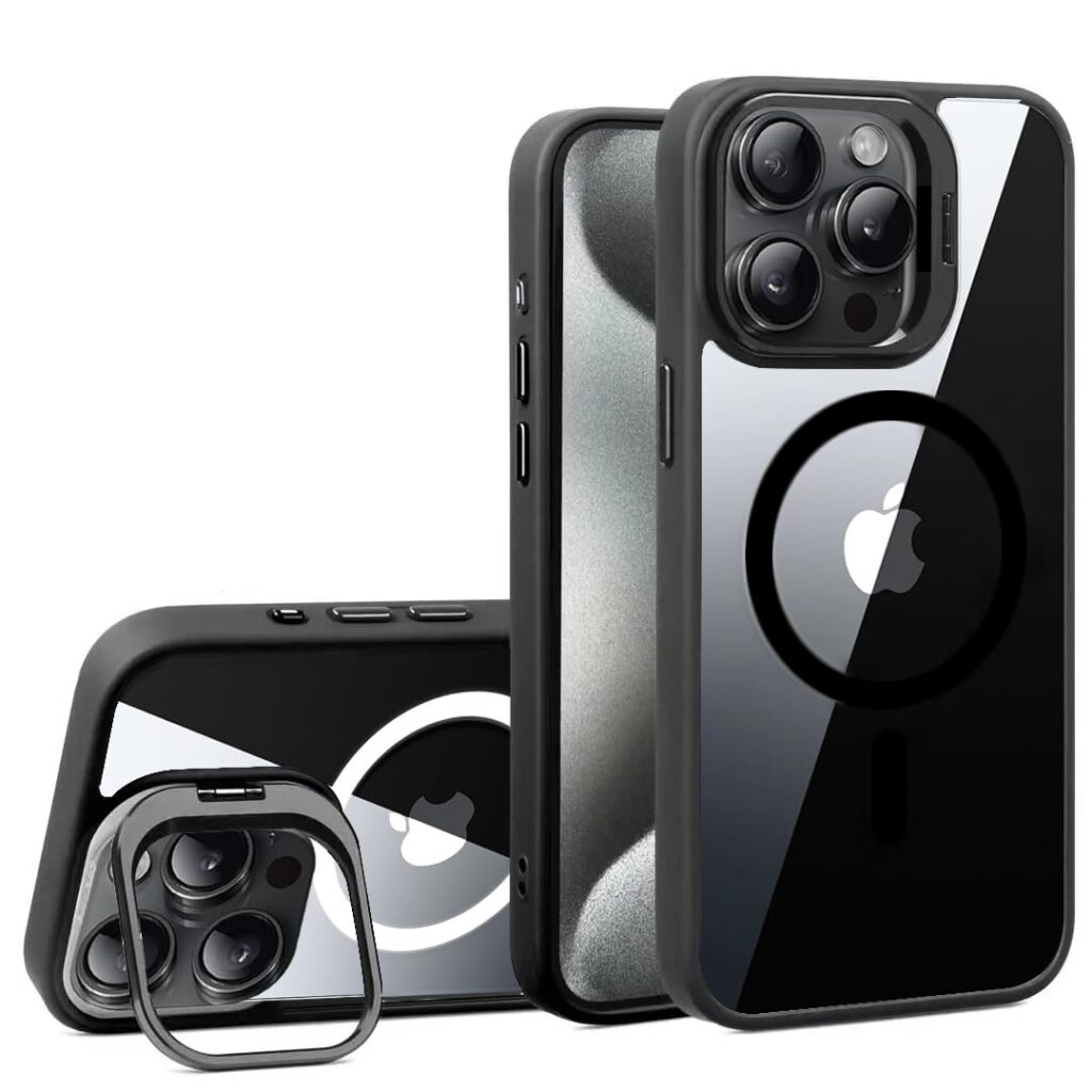 VONZEE TPU+PC For iPhone 15 Pro Max Case, Compatible With Magsafe, Military-Grade Protective Case, Built-In Stash Stand Phone Case, Scratch-Resistant Back Cover, Classic Series | 6.7'' | Clear Black