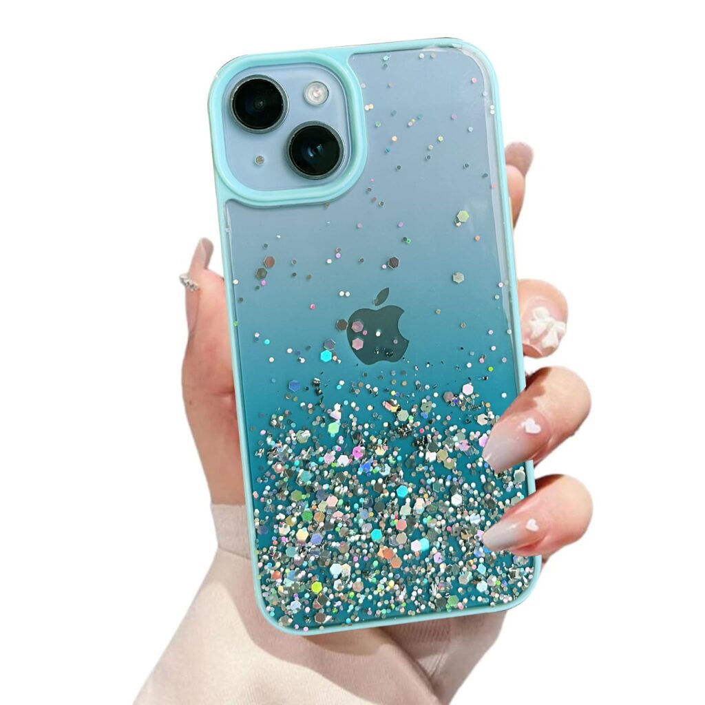 VONZEE® Compatible with iPhone 14 Plus Case 6.7 inch, Non Moving Glitter Cover for Girls & Women Soft TPU Shockproof Anti Scratch Drop Protection Cover|Mint Green