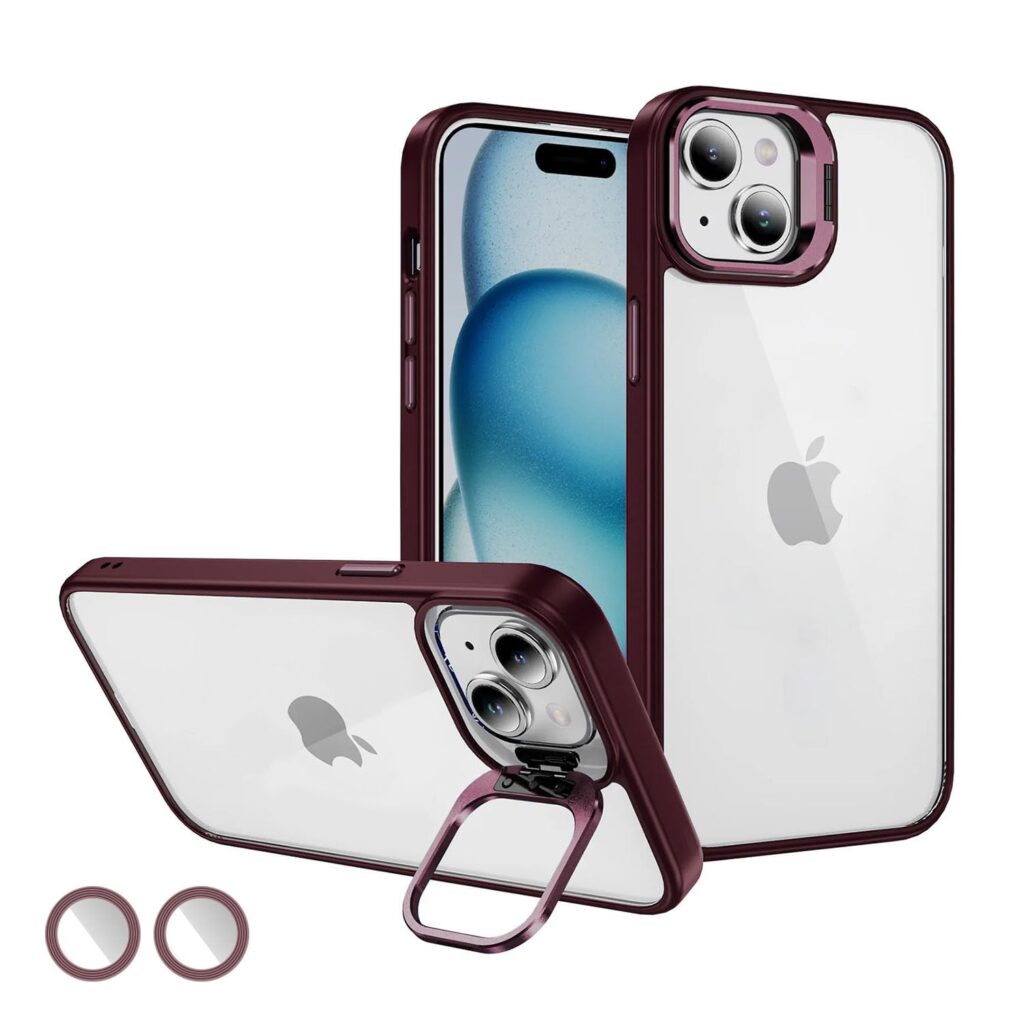 Vaku Luxos Thermoplastic Polyurethane Lens Flip Back Cover For iPhone 15 Stand Holder Back Case With Lens Guard Scratch Resistant Slim Thin Military-Grade Protection-Cherry