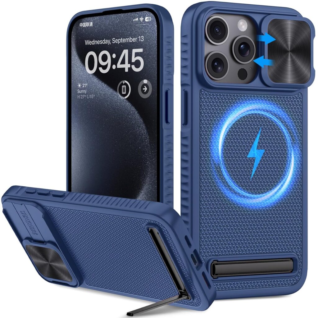Vihibii for iPhone 15 Pro Max Magnetic Case with Kickstand & Slide Lens Cover, Mil-Grade Drop Protection Shockproof Cover for iPhone 15 Pro Max, Blue