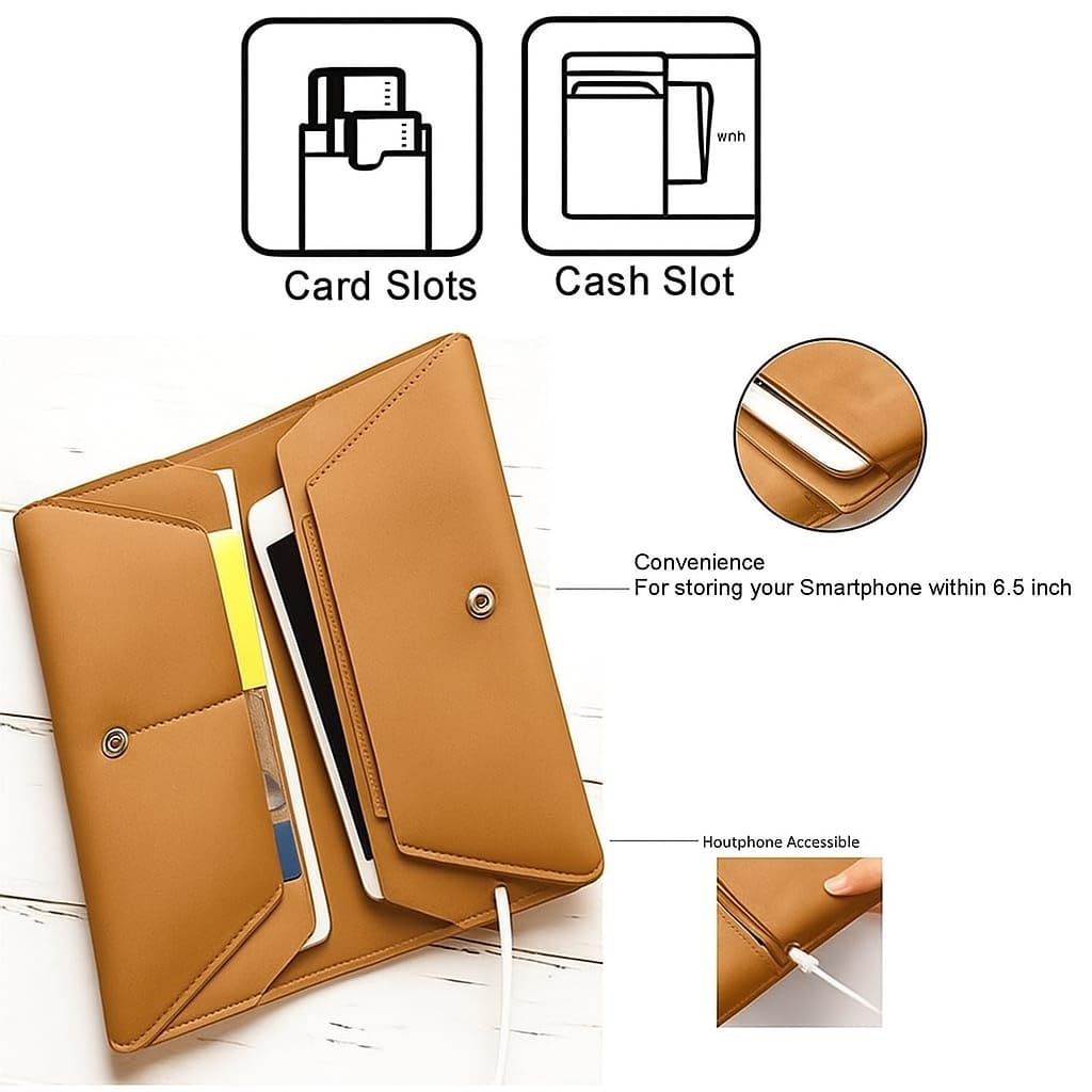 WHITBULL Wallet Style Leather Dual Mobile Pouch with Card Slot for iPhone 17 Air / 16 Plus/iPhone 15 Plus/iPhone 14 Plus (Brown) (2 Phones Kept Comfortably)