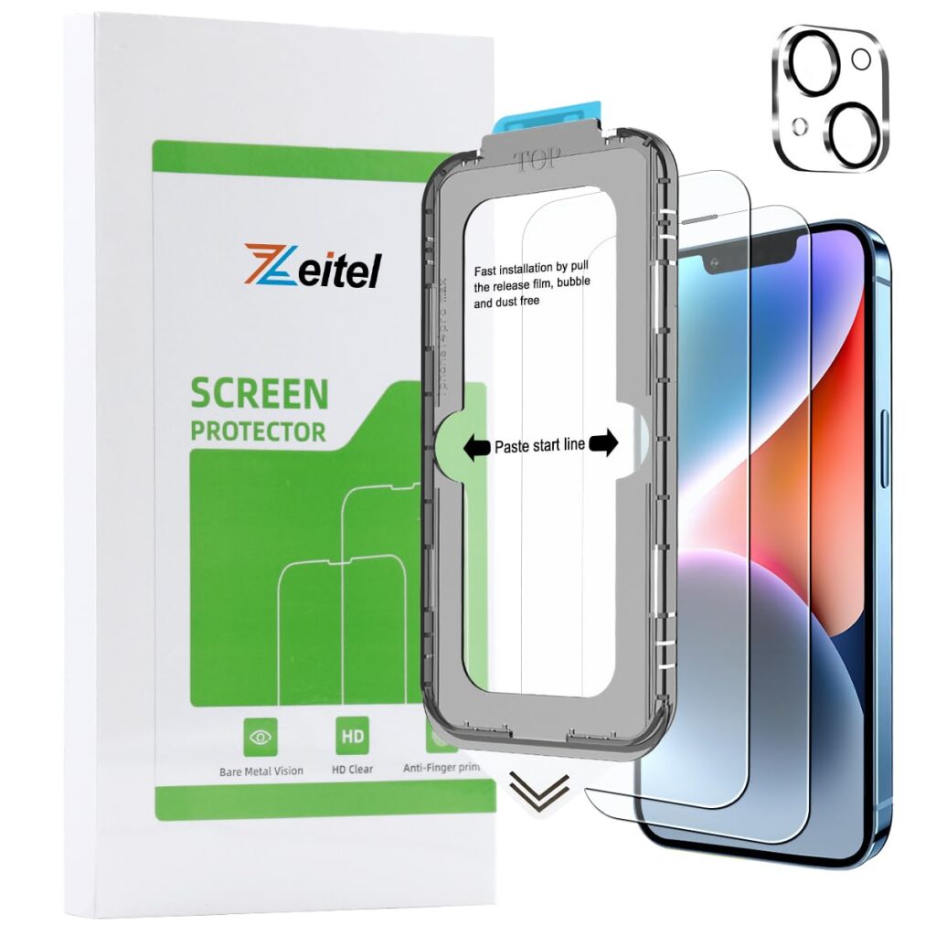 ZEITEL® Tempered Glass Screen Protector for iPhone 14 with Anti Fingerprint, Easy Installation Kit, HD Clarity, Full Coverage, 2 Pack Scratch Resistant Screen Protectors & 1 Lens Protector