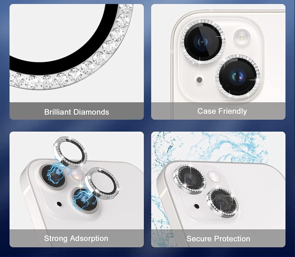 ZedGear iPhone 14/15 Diamond Camera Lens Protector - Anti-Scratch [9H Hardness] Tempered Glass, Aluminum Ring (Full Coverage, Case-Friendly) in iPhone 14/15 - Silver