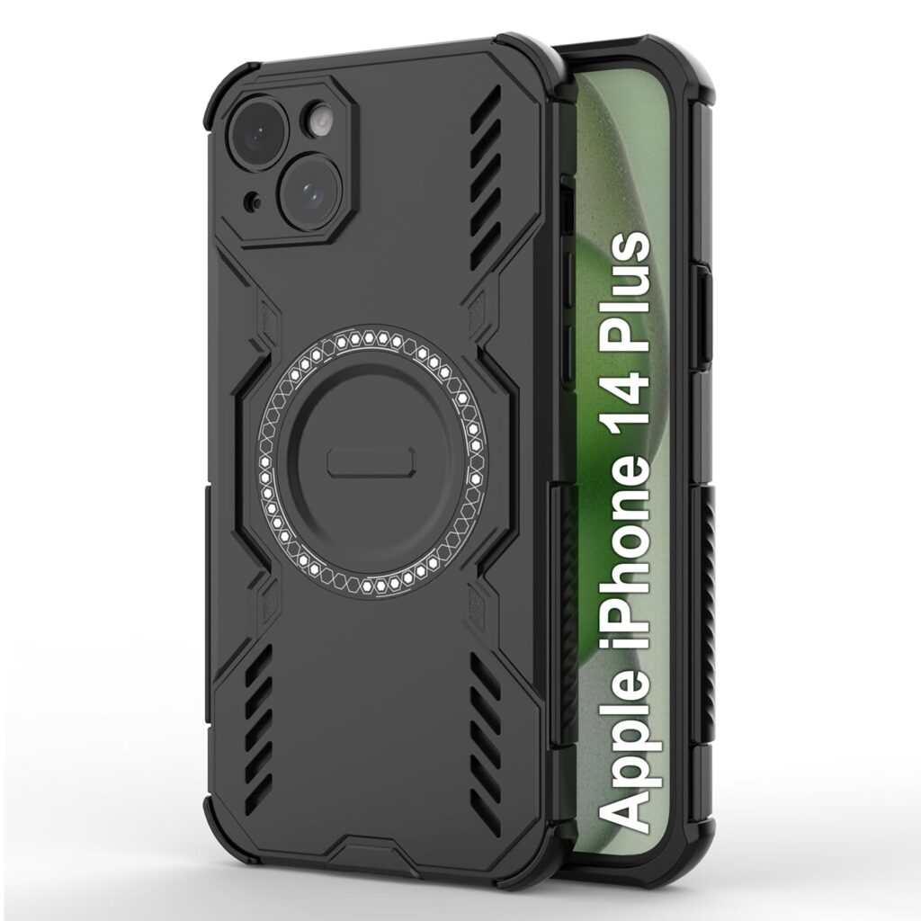 amazon basics Back Case Cover for iPhone 14 Plus | Magnetic Case with Built-in Metal Ring | Supports Mag-Safe Charger, Wallet & Car Mount | Shockproof Hybrid PC + TPU | Black