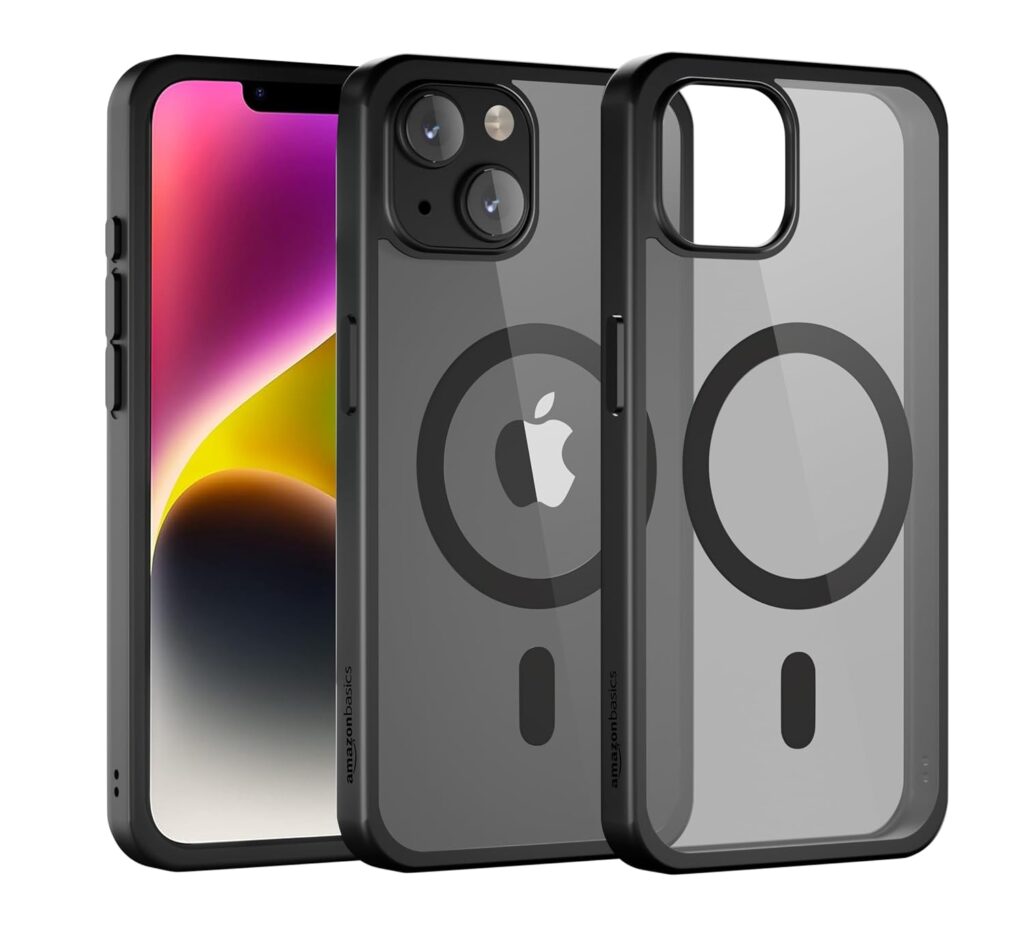 amazon basics Back Case Cover for iPhone 14 with Magsafe Compatible and Built-in Camera Lens Protection Polycarbonate (Black)