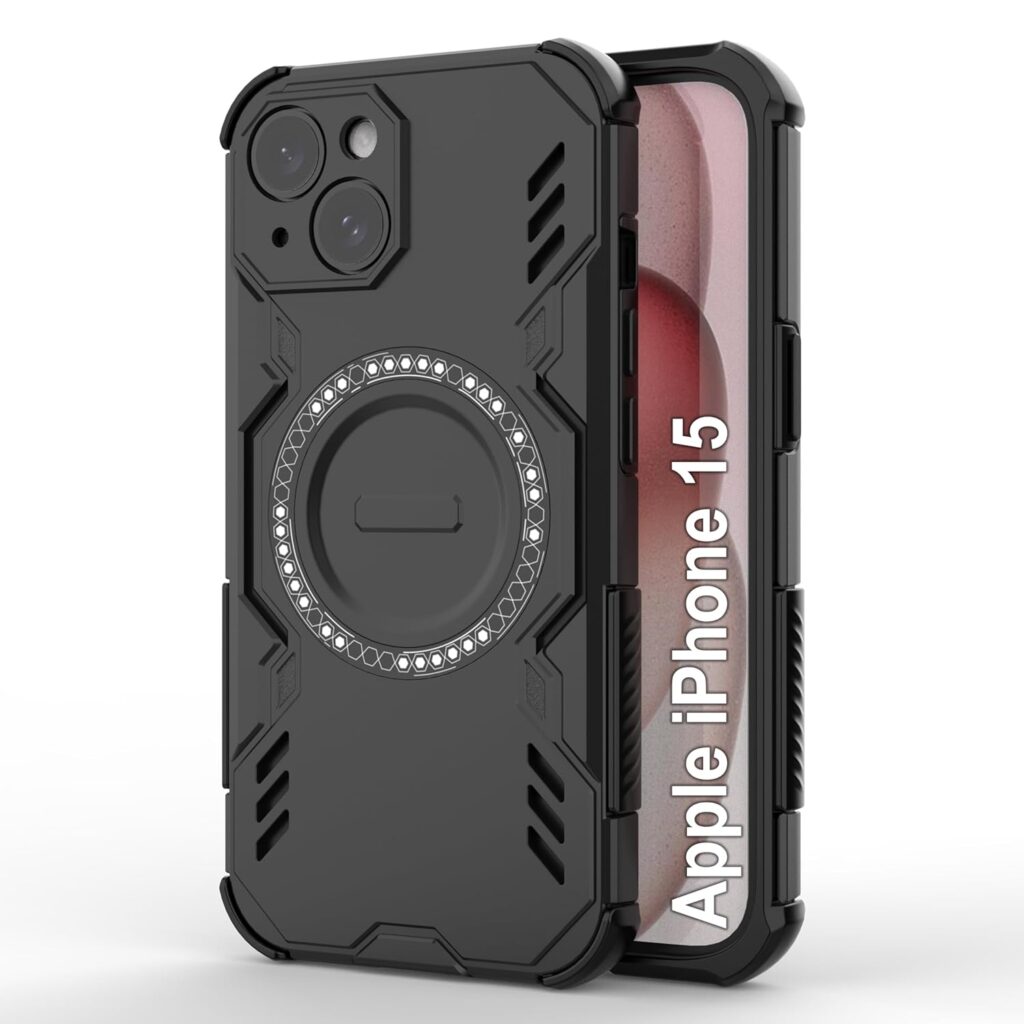 amazon basics Back Case Cover for iPhone 15 | Magnetic Case with Built-in Metal Ring | Supports Mag-Safe Charger, Wallet & Car Mount | Shockproof Hybrid PC + TPU | Black