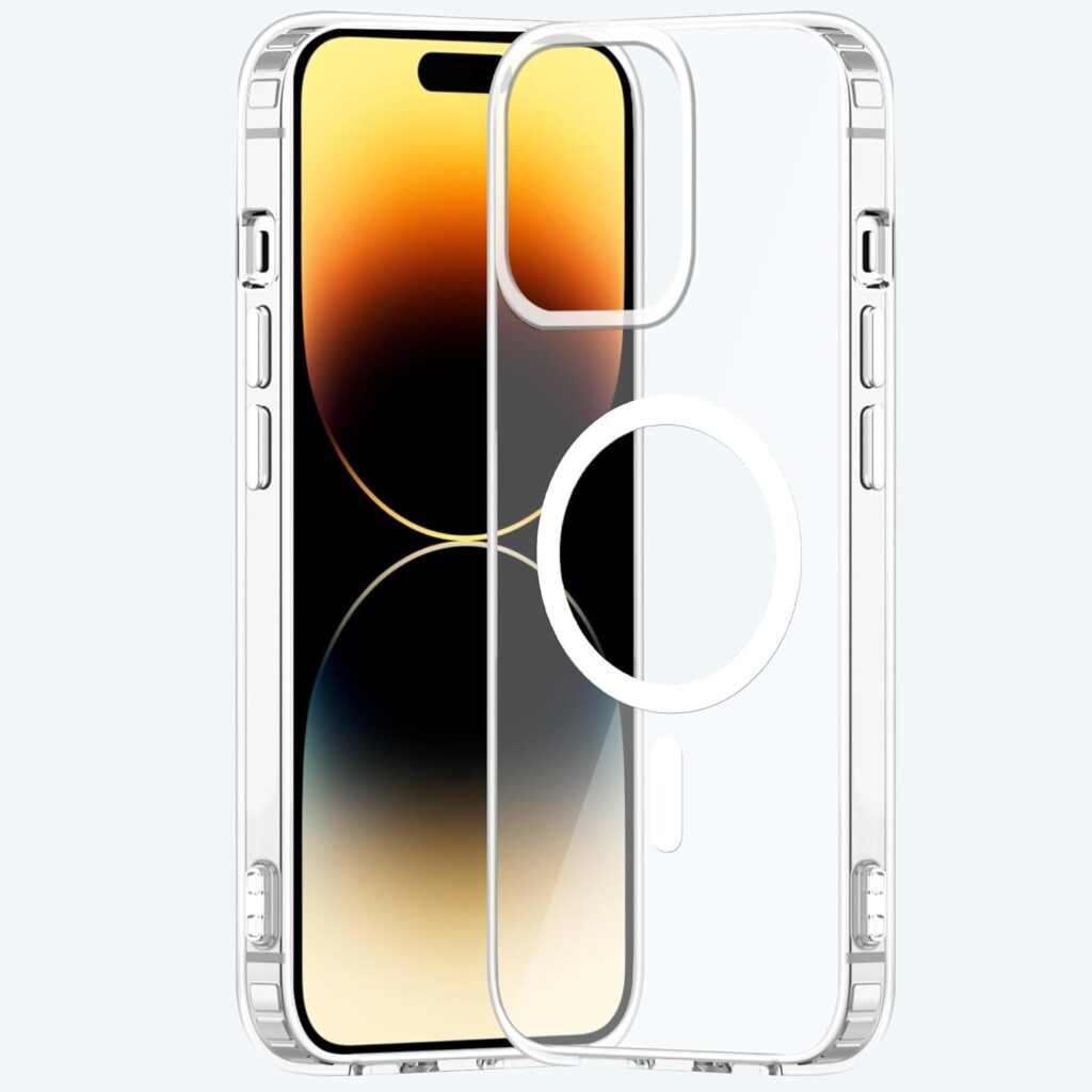 amazon basics Clear Magnetic Case Cover for Apple iPhone 14 Pro [Compatible with MagSafe Accessories] Slim Shockproof Magnetic Transparent Phone Cover Case