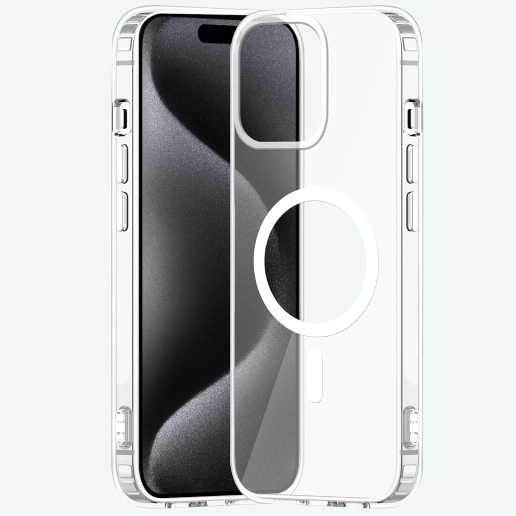amazon basics Clear Magnetic Case Cover for Apple iPhone 15 pro Max [Compatible with MagSafe Accessories] Slim Shockproof Magnetic Transparent Phone Cover Case