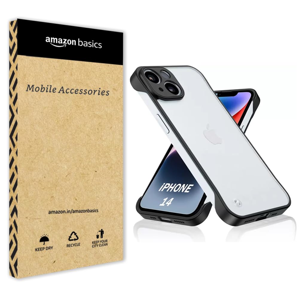 amazon basics Compatible with iPhone 14 Back Cover Case | Stylish Frameless Matte Hard Skin | Soft TPU Shock Proof Bumper Back Cover Case for iPhone 14 (Black)