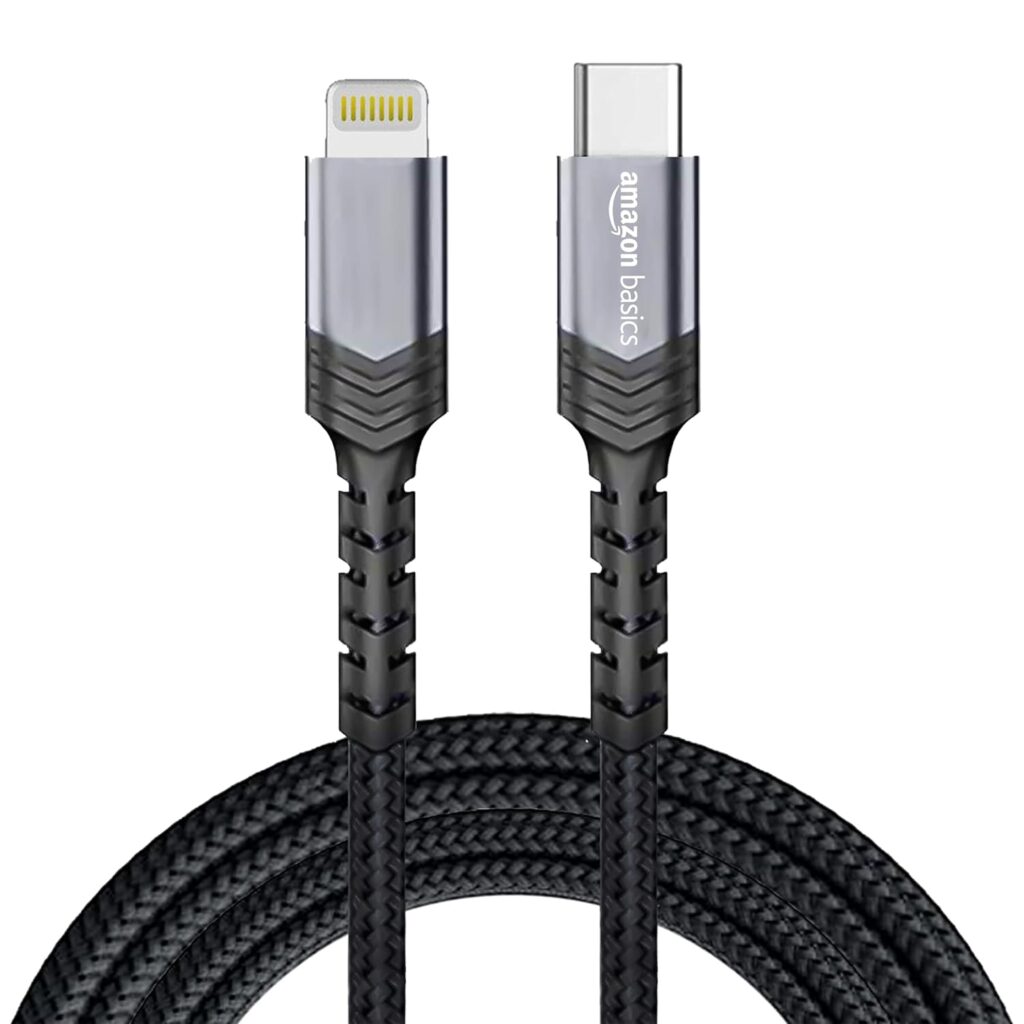amazon basics Fast Charging Type C to Lightning 27W Nylon Braided USB C Cable for iPhone 14, 14 Pro, 14 Pro Max, 14 Plus, 13, 13 Pro, 13 Pro Max, 13 Mini, 12, 12 Pro, 11, 11 Pro Max, X, 8 (1.2 meter)