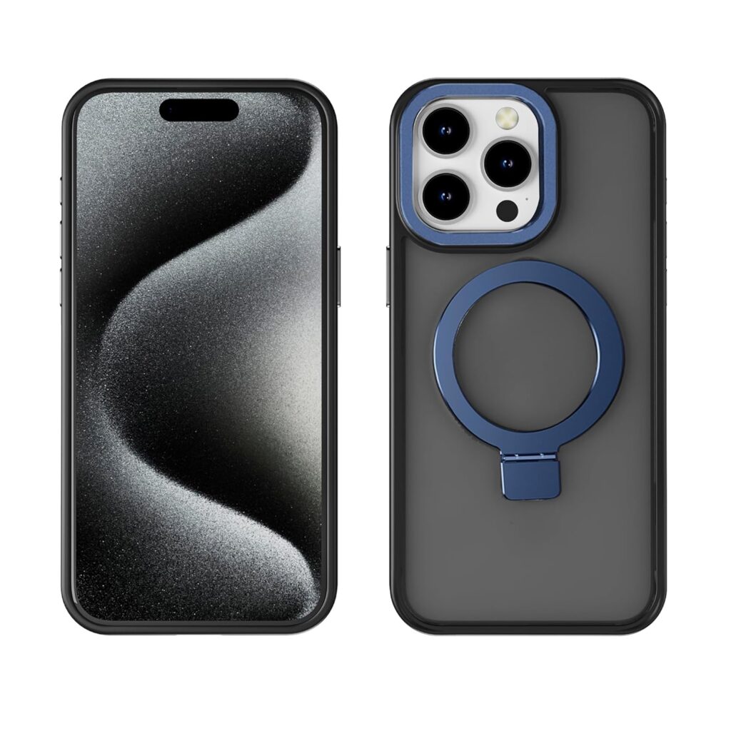 amazon basics Grip Case for iPhone 15 Pro Max | Horizontal and Vertical Metal Rotating Stand Included (Blue)