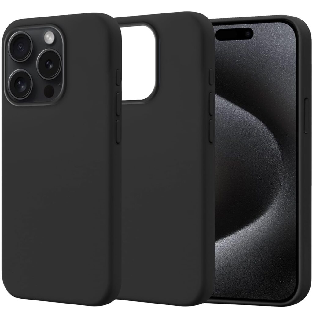 amazon basics Liquid Silicone Case for iPhone 15 Pro Max | Shockproof, Drop and Camera Protection, Soft Microfiber Lining Inside| Back Case Cover for iPhone 15 Pro Max- Black