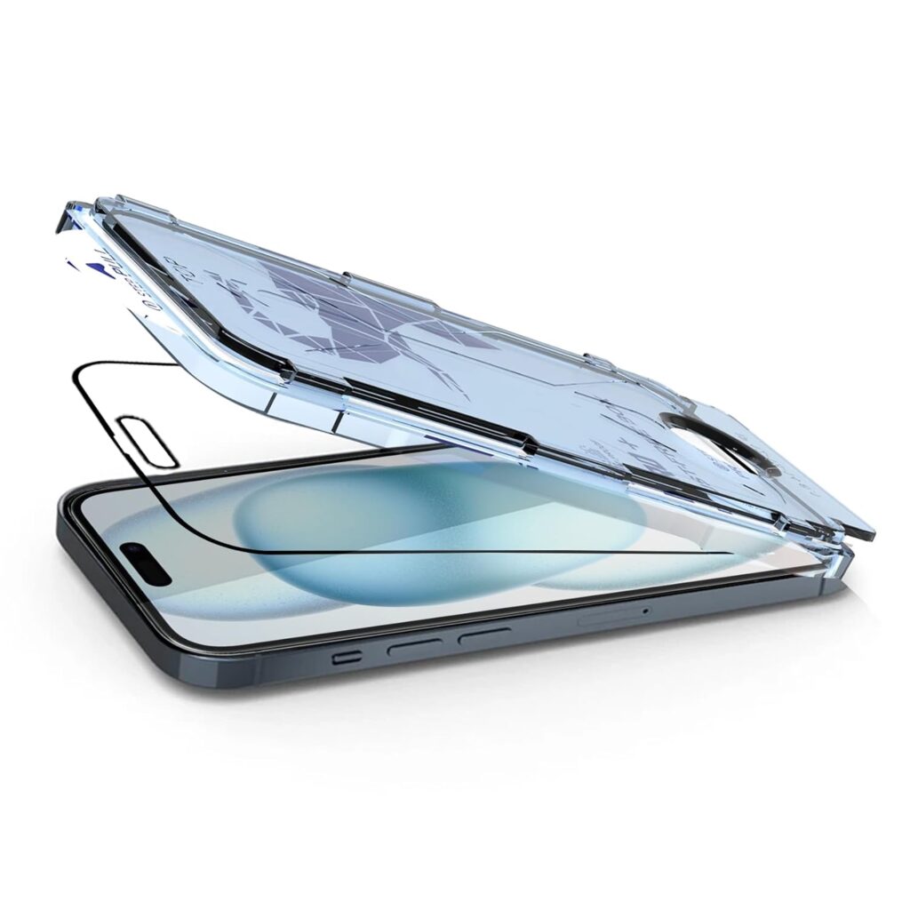 amazon basics Next Gen Tempered Glass for iPhone 15 | 9H Hardness | Dustproof | Self-Aligning Application (Pack of 1)