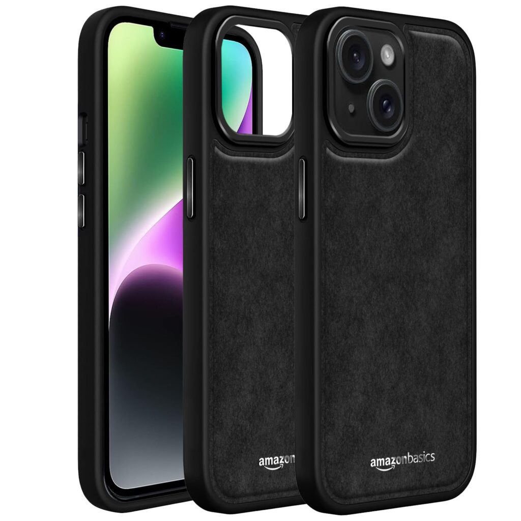 amazon basics Premium PU Leather Series with TPU Sides, Drop Protection | Camera Protecton, Back Case Cover for iPhone 14 6.1"- Black