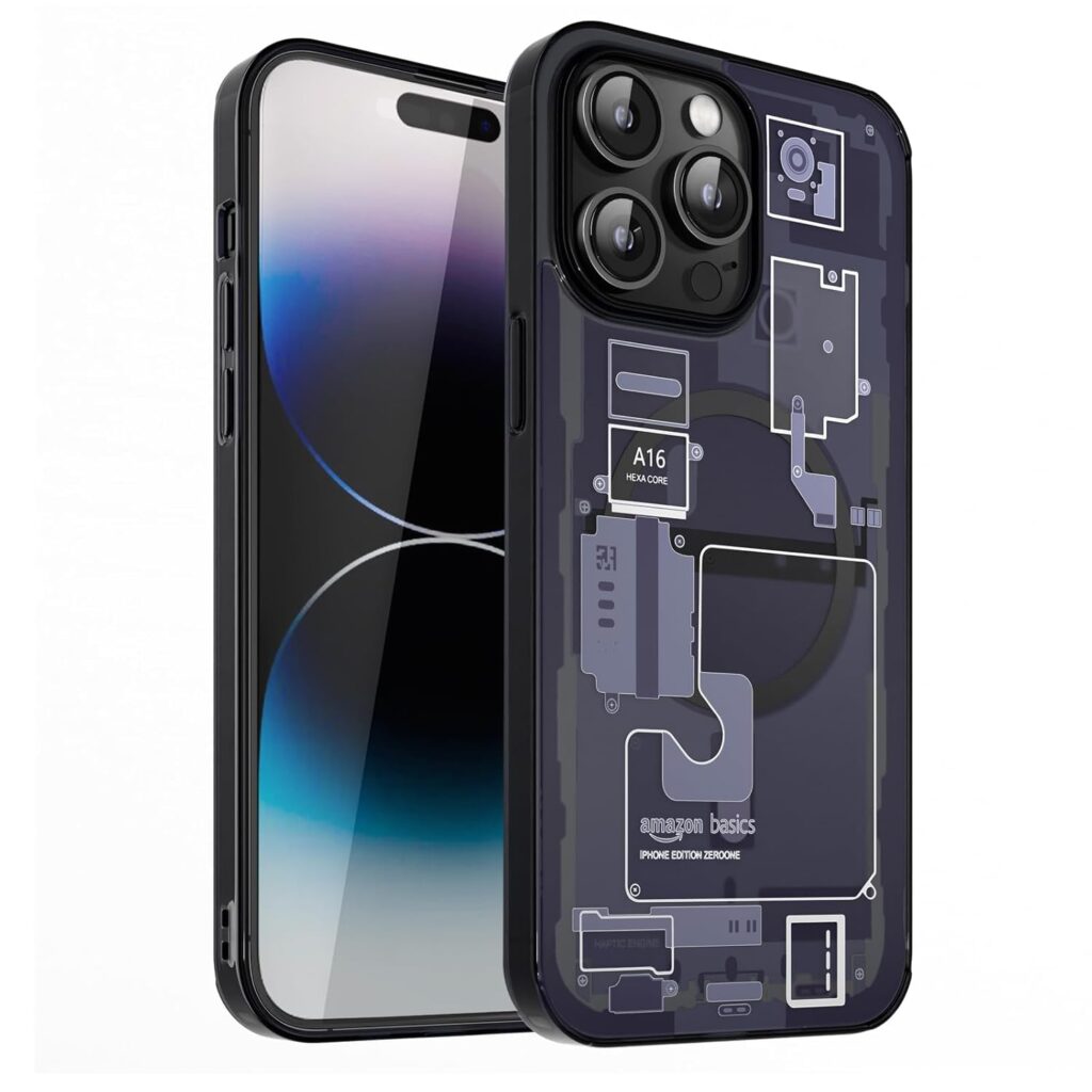 amazon basics Ultra Hybrid Magfit Back Cover Case Compatible with Magsafe Designed for iPhone 14 Pro (TPU + Poly Carbonate | Zero One), Black