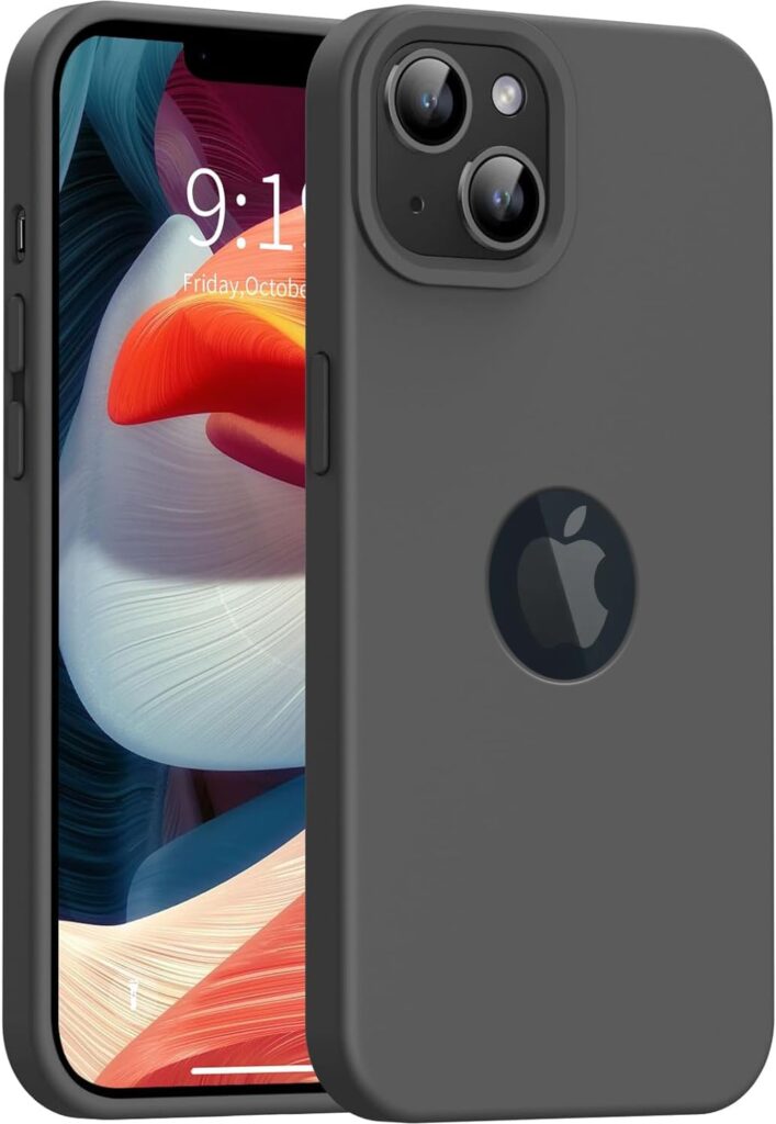 eLzzi Microfiber Logo Cut Cover Compatible For iPhone 15 Case Liquid Silicone Case Non-Slip Full Body 4 Layer Protective Covers Shockproof Back Cover With High Raised Camera Lips (6.1 inch, Dark Grey)