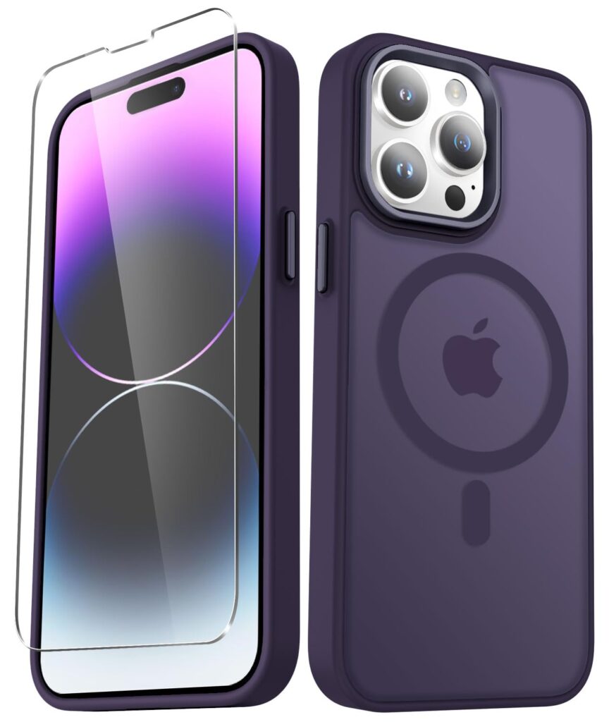 for iPhone 14 Pro Max Case, Matte Magnetic Phone Case with 1 Screen Protector, Support for Magsafe, Translucent Frosted Slim Shockproof Protective Cover for iPhone 14 Pro Max 6.7 inch, Purple