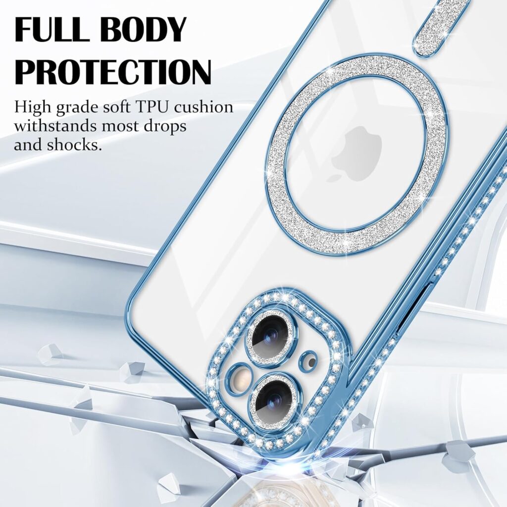 for iPhone 15 Plus Military Drop&Camera Lens Protection,Luxury Glitter Diamond Plated Bumper Clear Shockproof Back Cover for iPhone 15 Plus (Blue)