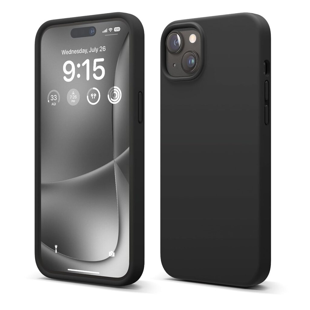 iPhone 15 Plus Original Silicone Back Cover – Black Colour, Shockproof Full Body Protection, Anti-Scratch, Camera Guard, Premium Oil/Liquid Silicone with Box Packaging