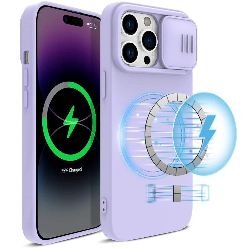 imluckies Magnetic Silicone case for 6.7" iPhone 14 Pro Max with Slide Camera Cover, Built-in Magnets Support, for Magsafe Faster Charging, Premium Liquid Silicone Phone Cover (2022) - Light Purple