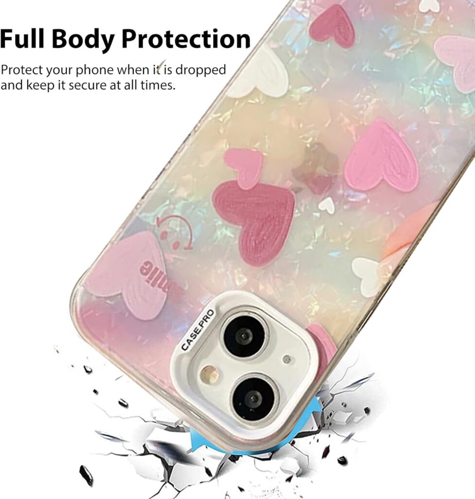 mobistyle Designed for iPhone 14 Cover Cool Shining Shell Love Heart Pattern Design with TPU Edges Phone Back Cover Case for Girls Women (Bling Heart Pink)