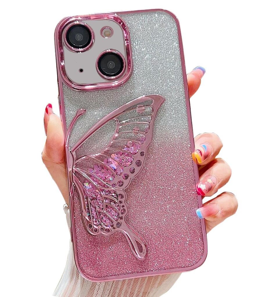 mobistyle Designed for iPhone 14 Plus Cover with Glitter Cute Butterfly Electroplating Design Back Cover Case for Women Teen Girls (Pink)
