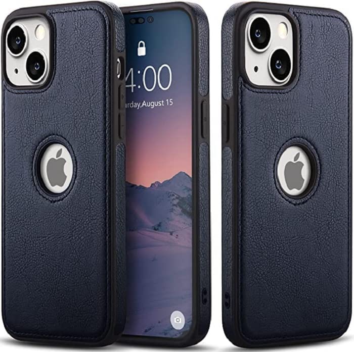 ELEF Premium PU Luxury Leather Logo Cut for iPhone 14 Plus Ultra Thin Back Cover for iPhone 14 Plus-Blue