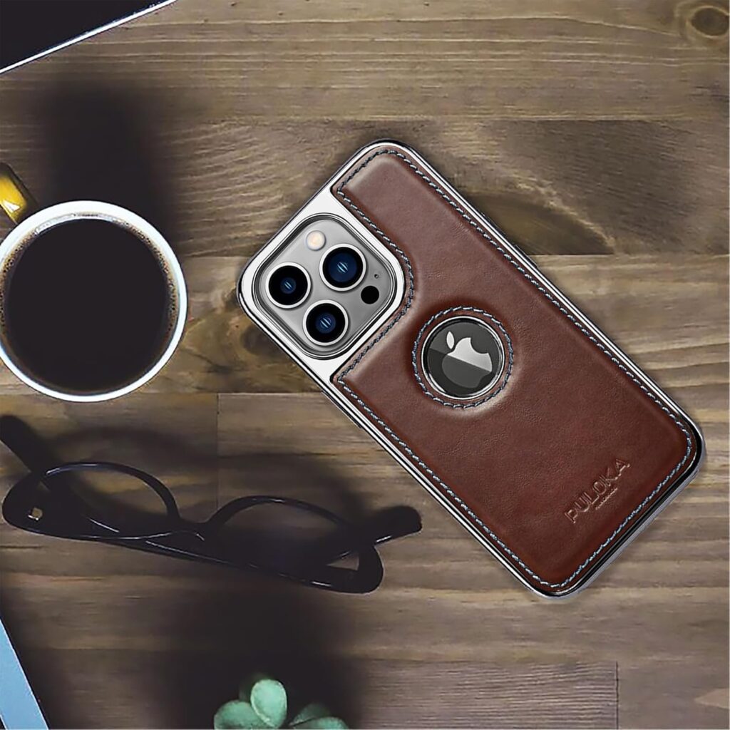 PULOKA Chrome Leather Back Case - Compatible with iPhone 14 Pro Max - Luxury Bumper Case - Flexible Vegan Leather - Electroplated Sides & Logocut - Full Camera Protetection & Raised Edges - Brown