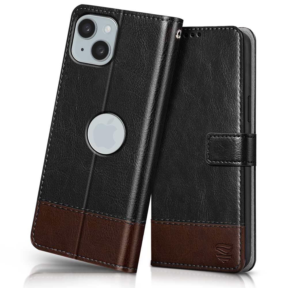 FLIPPED Vegan Leather Flip Case Back Cover for Apple iPhone 15 Plus (Flexible, Shock Proof | Hand Stitched Leather Finish | Card Pockets Wallet & Stand | Black with Brown)