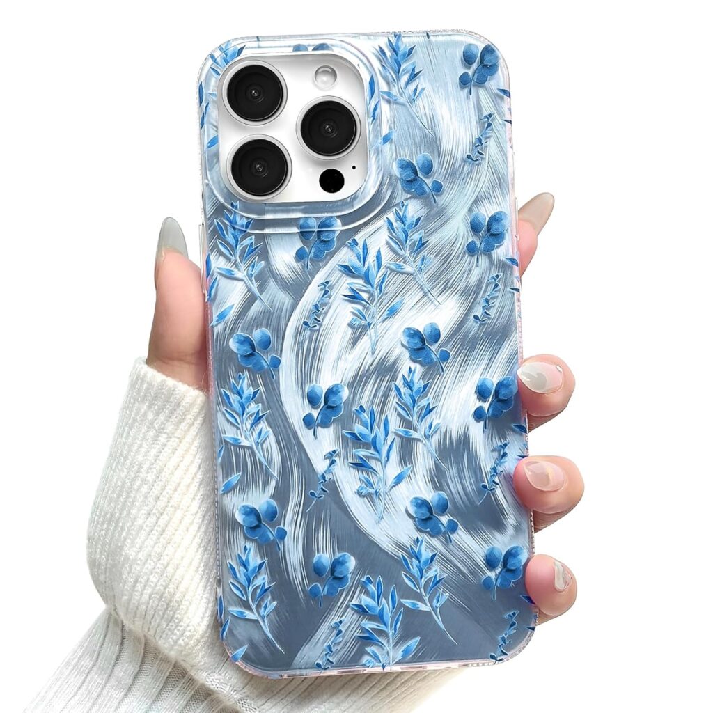 NITITOP Compatible for iPhone 15 Pro Max Case Cute Flower Floral Leave for Women Girl Glitter Shiny Feather Yarn Style Aesthetic Shockproof Hard Protective Phone Cover - Blue