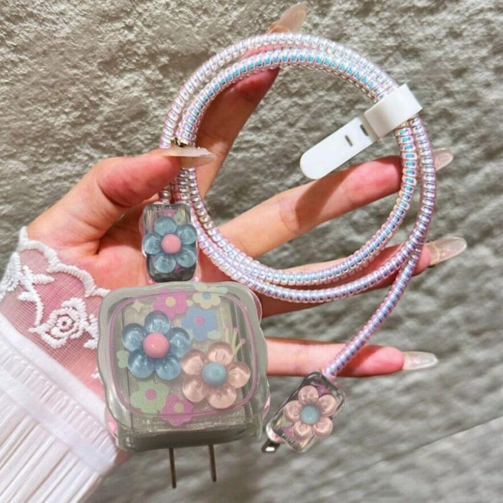 Protective Charger Case for iPhone 18W 20W iPhone 16 15 14 13 12 11 Pro Max Charging Cable Charger Protective Cover Data Cable Protective Sleeve-3D Flower
